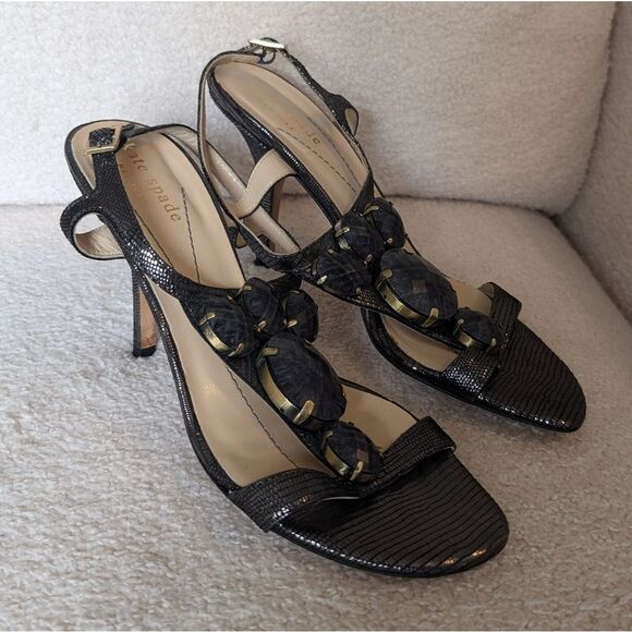 Kate Spade Metallic Black Beaded Strappy Sandal Heels snakeskin - Picture 3 of 6